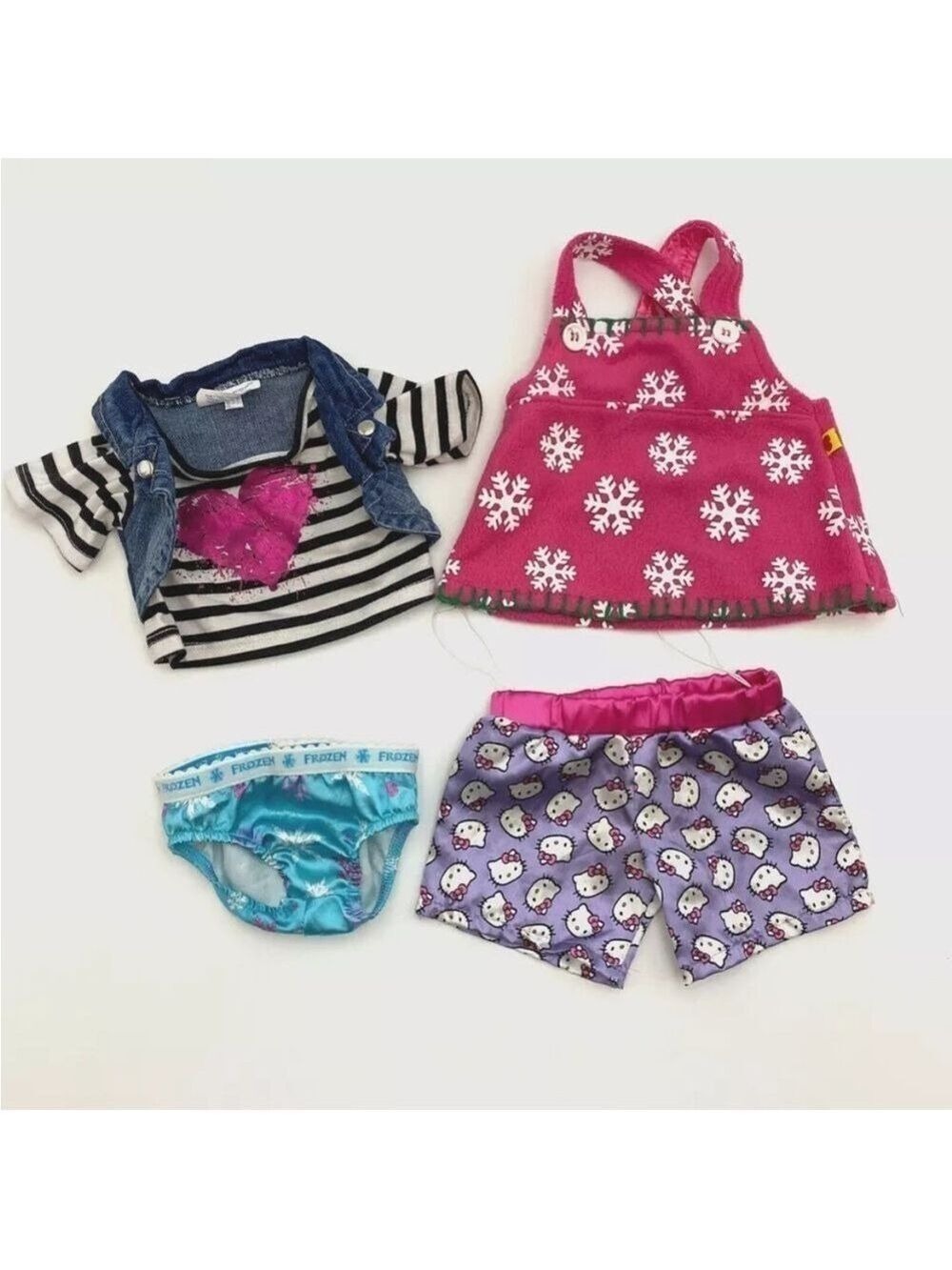 Build-A-Bear Girl Outfits Lot BABW - Top with Denim Vest, Dress, Hello Kitty PJs